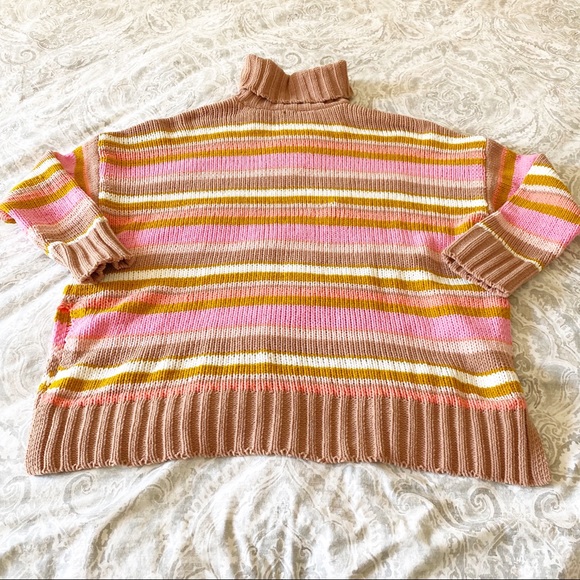 AERIE Stripe Chenille Turtleneck Sweater Tan Pink Stripes Large NEW NWOT - Picture 7 of 8